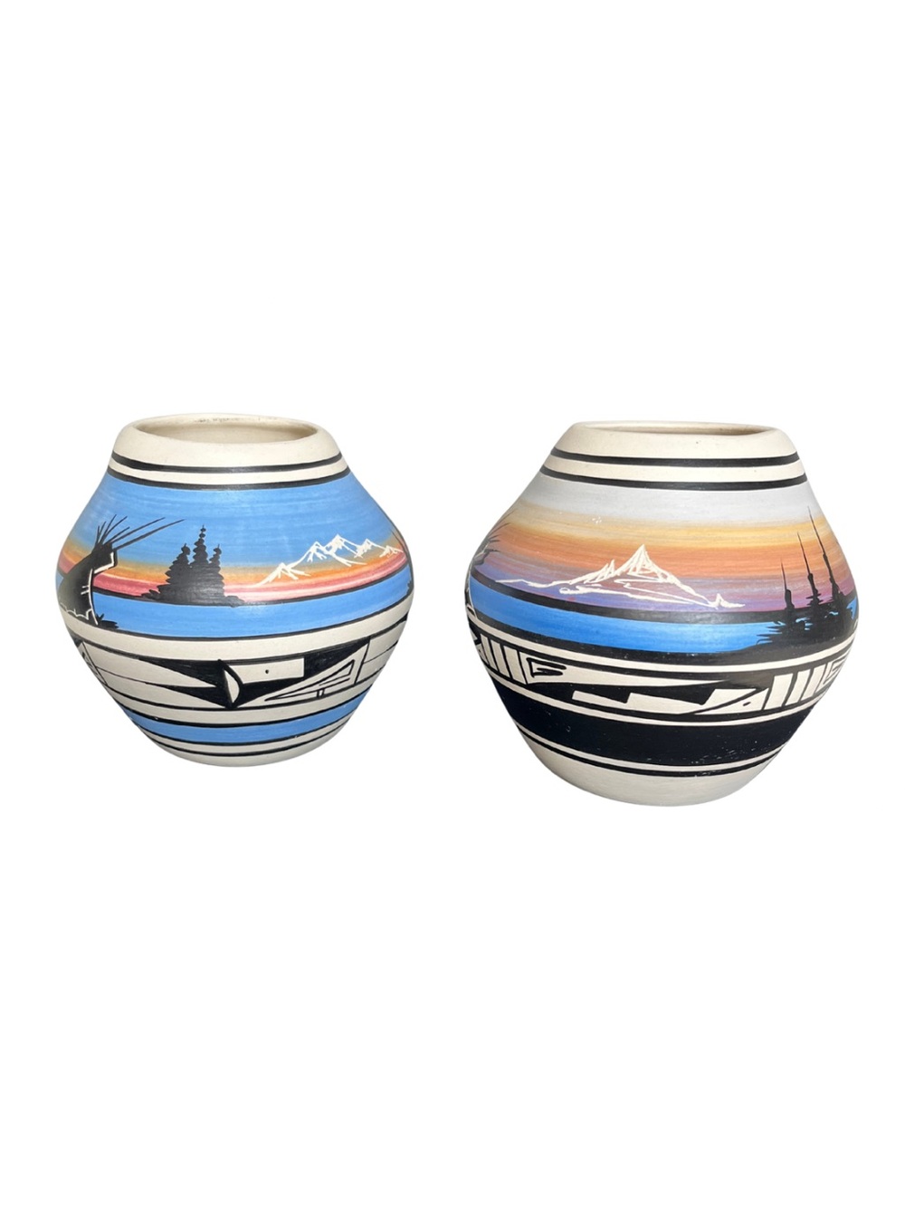 Signed Navajo Naatsiilid Cedar Mesa Pottery Pair Sunset Landscape Etched Vessels